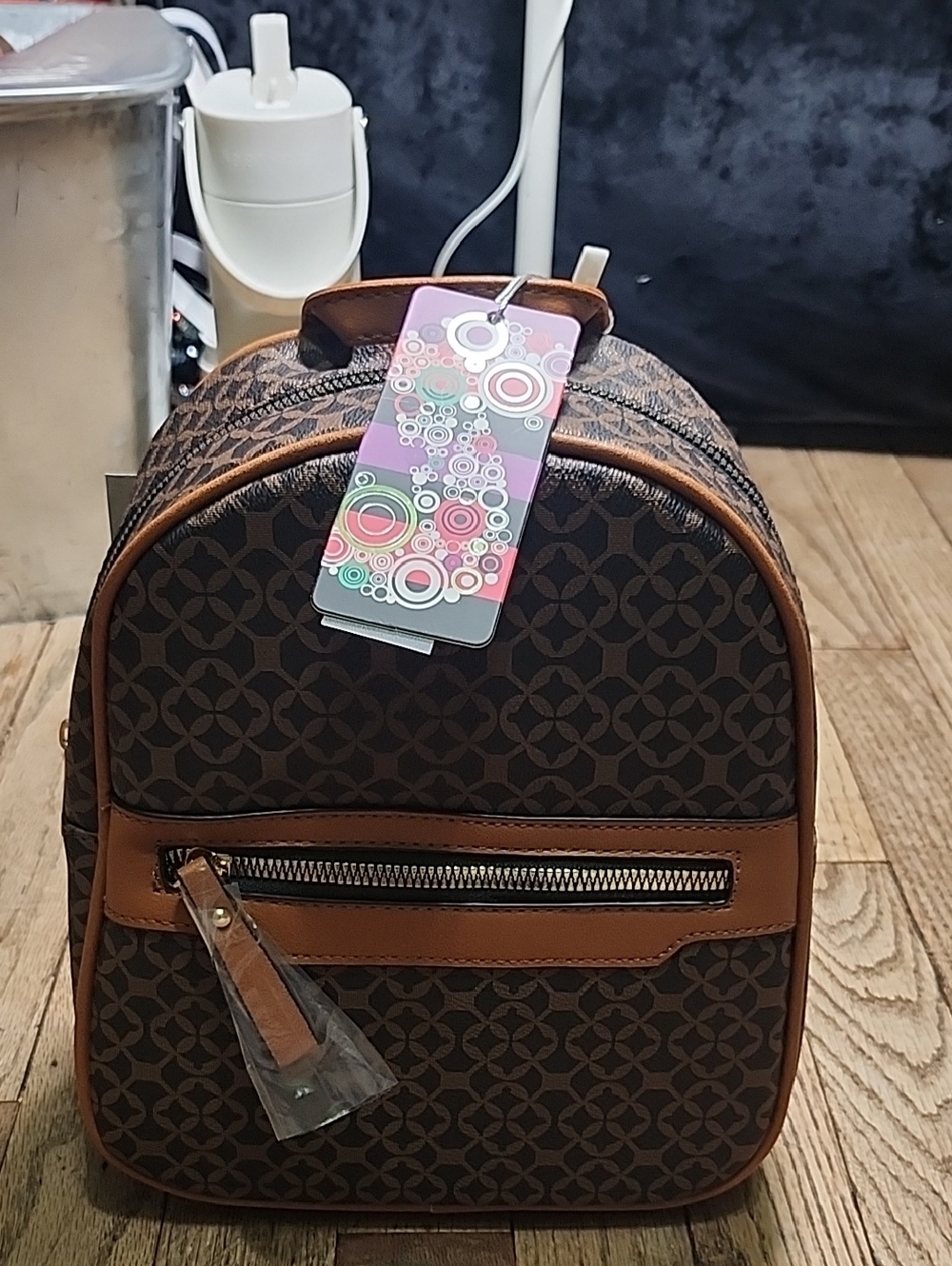 Classic Brown Patterned Women's Mini Backpack with Tan Trim